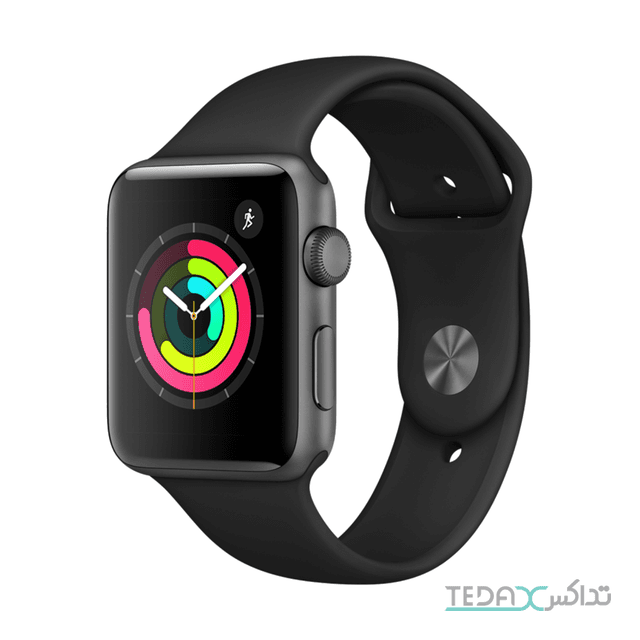 ساعت هوشمند اپل واچ سری 3 رنگ خاکستری بند اسپورت رنگ مشکی 42mm