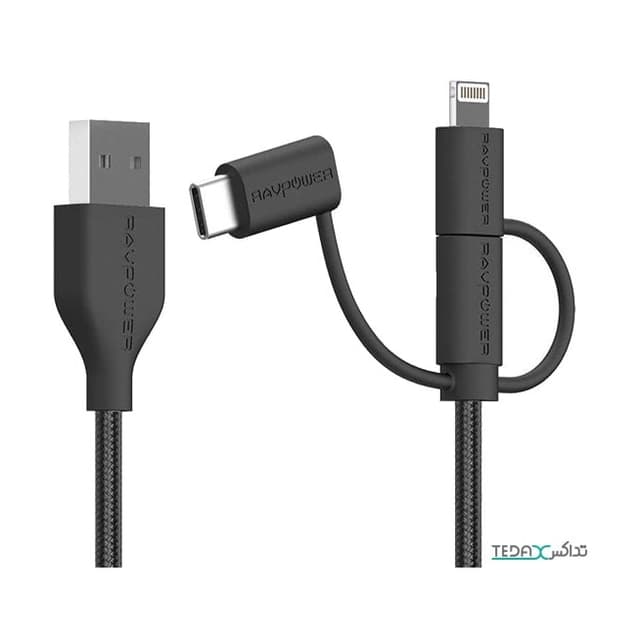 کابل تبدیل یو اس بی به لایتنینگ و میکرو یو اس بی و تایپ سی راوپاور طول 1 متر مدل CB-021