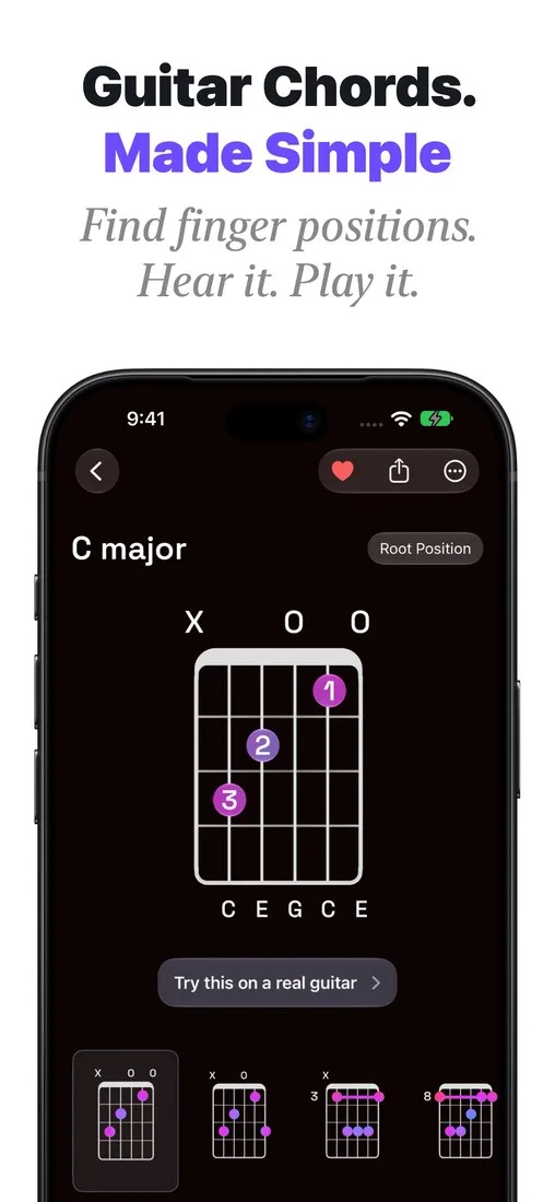 نمایش آکورد C ماژور روی دستهٔ گیتار در Guitar Wiz