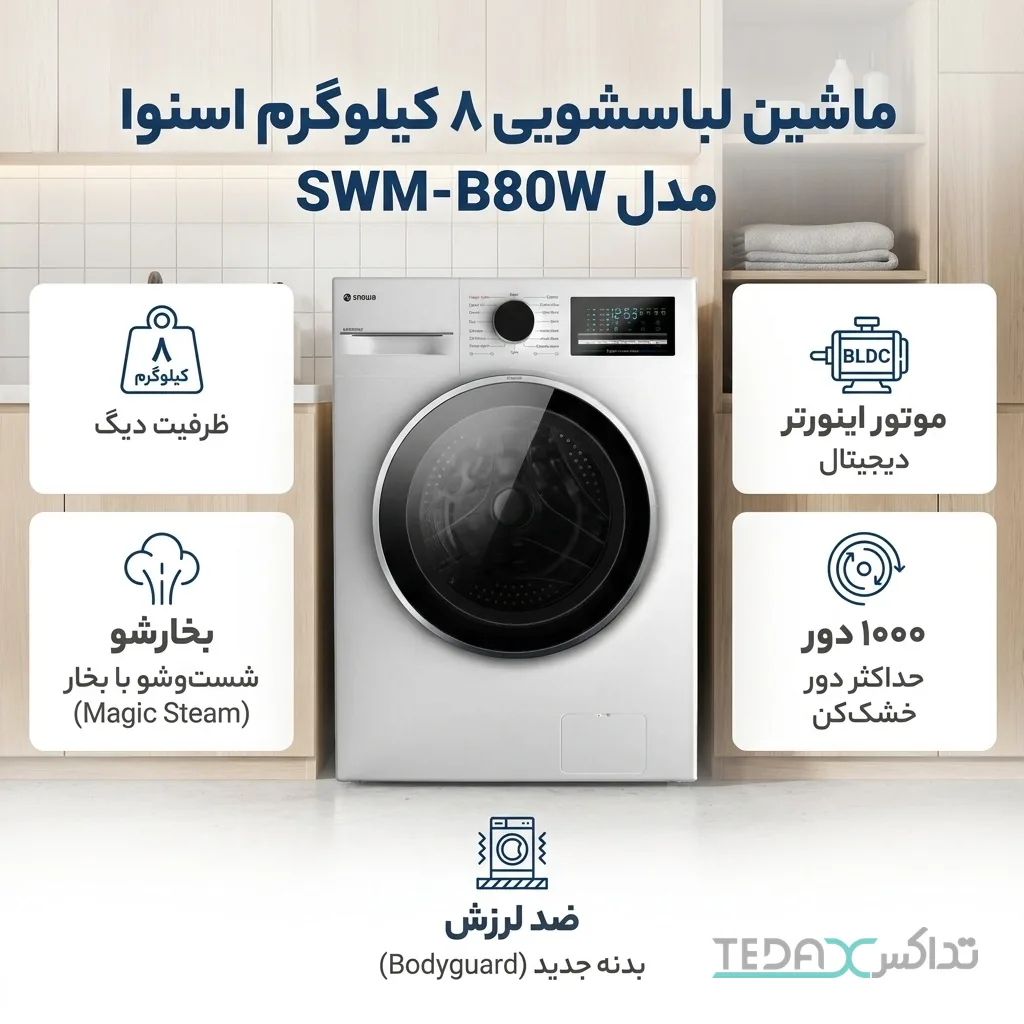 ماشین لباسشویی 8 کیلوگرم اتوماتیک اسنوا مدل SWM-B80W