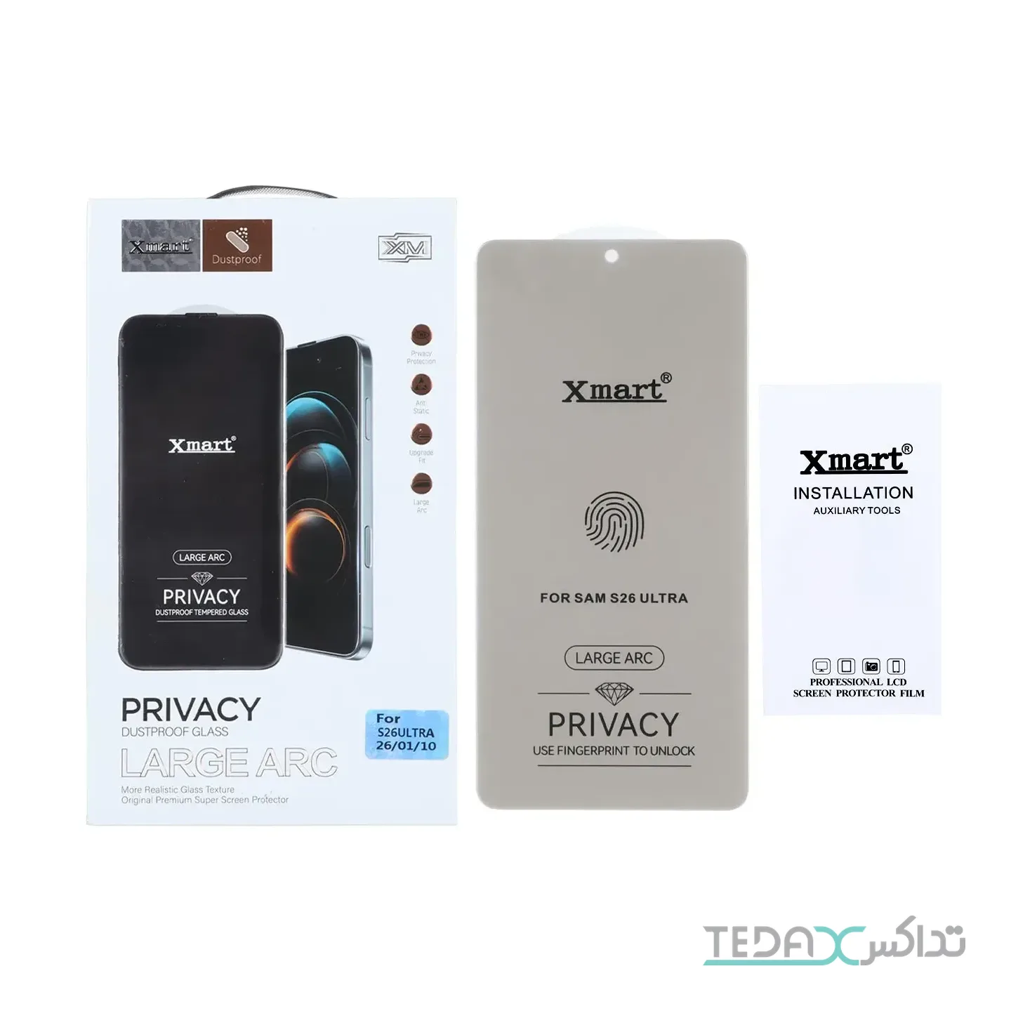 محافظ صفحه نمایش شیشه ای بدون حاشیه Xmart Privacy 3D Large Arc مدل Samsung Galaxy S26 Ultra
